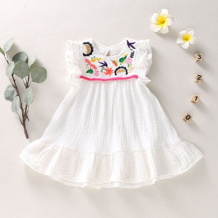 Infant Baby Girls Cotton Linen Dresses Pleated Short Sleeve