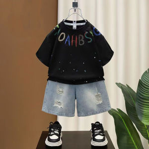 Baby Boys Terno 2Pcs Set 0‑5Y Colorful Letter Print Splash‑Ink T‑Shirt Denim Shorts Kids Boys Clothes Set Summer Casual Cotton Children Outdoor Outfit