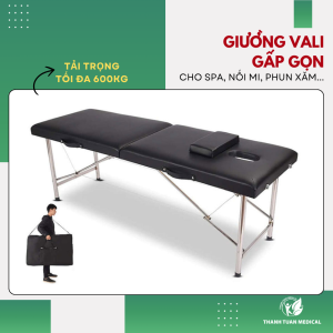 Giường vali gấp gọn chân inox chắc chắn chỉnh được cao thấp tiện cho spa nối mi phun xăm..