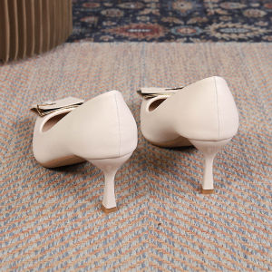 [Free Shipping] New WomenS High-End Niche-Style Single Shoes: Stiletto Heels Pointed-Toe Work Shoes Square Buckle Design Elegant High Heels