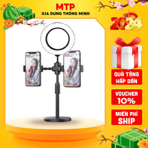 Đèn live stream để bàn 2 kẹp điện thoại cao cấp vòng led 16cm 3 màu ánh sáng Đèn livestream bán hàng đa năng