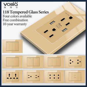 Vollia Gloden 1/2/3/4 Gang 1/2/3 Way Wall Light Switch for House 15amp Universal Multiple Outlet Socket for Wall 118 Type Modern Switch Off/on Lamp 3 Pin Plug Socket with USB Port Glass Panel Board Electrical Switch and Outlet 220V Dimmer/doorbell Switch