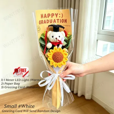 Dr Bear Sunflower Flower Knitted Bouquet Graduation Bouquet with Gift Bag Ceremony Students Teachers Gifts 针织毛线毕业花束