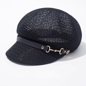 ZYJC Breathable Octagonal Beret Hat Leather Buckle Hollow Beach Straw Hat Classic Spring Summer Painter Hat Sunshade Cap