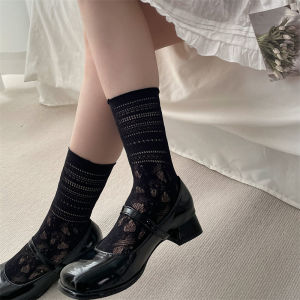 สีขาวกลวงลูกไม้กองถุงเท้าสำหรับผู้หญิงกลางน่องระบายอากาศแมรี่เจนเชื้อราลูกไม้น่องถุงเท้าบางฤดูร้อน