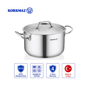Korkmaz Proline Gastro 18/10 Stainless Steel Deep Stock Pot with Lid Induction Compatible