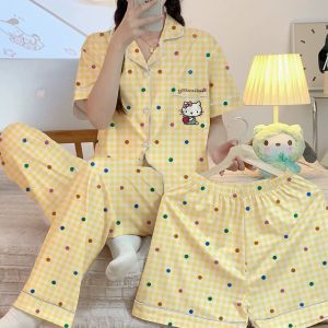 COD New Summer Young Womens Color Polka Dot 3-Piece Pajamas With Side Pockets Soft Loose Short-Sleeve Loungewear