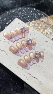 【HANDMADE+Free Glue】Artificial Nail Pink French Cat Eye Exquisite Love Crystal Phototherapy Fake Nail Patch Press on Nails Reusable