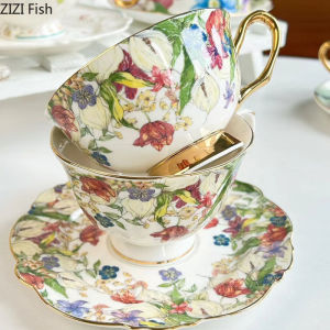 Brilliant Flowers Pattern Ceramic Cup&saucer Gold-plated Coffee Mug Dining Table Milk Mugs Afternoon Tea Teacup Fruits Juice Cup2026