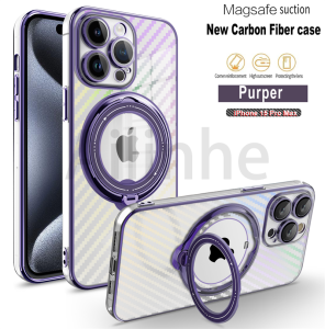 For iPhone 15 14 13 12 11 Pro Max X XR 7 8 15 14 Plus Case Carbon Fibre Transparent Laser Shockproof Armor Holder Ring Stand Phone Back Cover