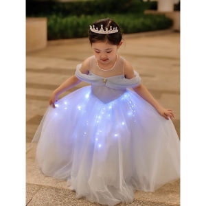 [TẶNG PHỤ KIỆN] Đầm công chúa xanh trễ vai bồng bềnh kèm đèn phát sáng lấp lánh cổ tích siêu đẹp cho bé gái