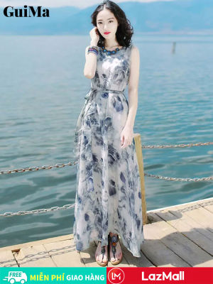 Guima women dress sleeveless silk milk bodycon long dress seaside holiday beach dresses floral Lil' s party dress sexy lady soothing dress beautiful elegant ladies dress leisure beautiful women dress cheap ladies dress middle-aged 2024