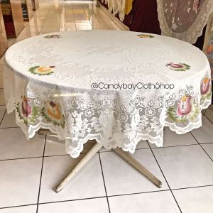 Taplak Meja Tamu & Taplak Meja Makan Bundar 6 Kursi diameter 180 cm Warna Print Cream / BW Bahan Kain Polyester Corak Bunga Pucuk Teratai