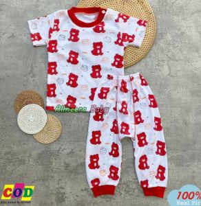 Setelan Piyama Bayi Usia 3-12 Bulan Setelan Baju Tidur Lengan Pendek Celana Diapers Panjang Motif Boneka Almeera Baby and Kids