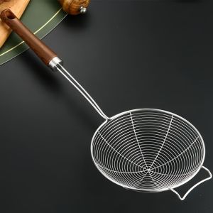 SXH Stainless steel skimmer for home kitchen use for scooping noodles dumplings frying and filtering with a large wooden handle for commercial use in hot pot FF