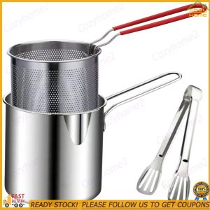[CY] Kitchen Fryer with Strainer & Food Tongs Stainless Steel Fry Pot Milk Warmer Pot