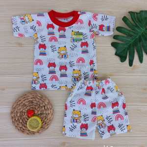 Setelan baju bayi lengan pendek motif Bear pakaian bayi piyama anak usia 0-12 bulan kancing bahu