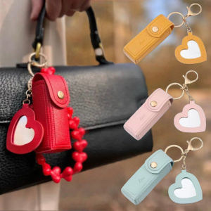 Portable Lipstick Bag with Mirror PU Leather Coin Purse Keychain Pendant Keychain Holder Lipsticks Protective Cover