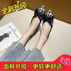 Free Shipping Bow-Knot Shallow-Toe Pointed-Toe Flats For Women Autumn New Style Houndstooth Pattern Unique Design Soft Sole Comfortable To Wear