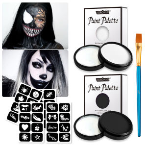 VERONNI Black & White Face Paint Palette Water Activated Body Paint with Stencils & Brush Halloween Skull Clown Makeup Kit