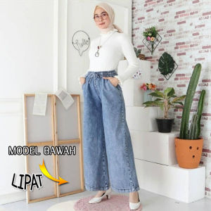 Imvisitama - Jeans Kulot Panjang Pinggang Alami Pinggang Tinggi Gaya Korea