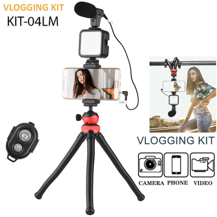 KIT04LM Phone Video Shooting Kit Octopus Tripod with Microphone Phone Holder Ring Light