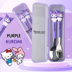 AODUOYAYA 2pcs/set Kuromi Fork Spoon Student Portable Fork Spoon Cartoon Tableware Stainless Steel Tableware
