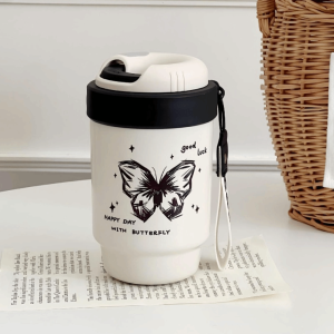 QUA 316 Stainless Steel Butterfly Insulated Cup Double Layer Large-capacity Portable Water Bottle Retro Style with Cover Bowl Vacuum Thermos Cup Outdoor Travel