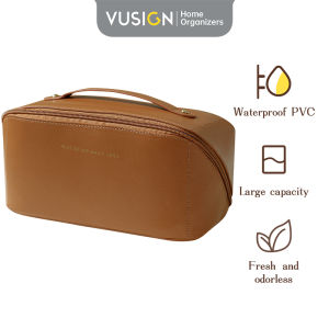 Deli Vusign Leather Cosmetic Bag Portable Large Travel Make UP Bag Ladies Wash Storage Bag Organizer