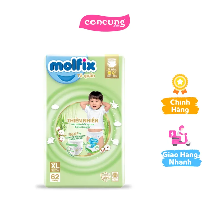 Bỉm tã quần Molfix thiên nhiên (XL, 12-17kg, 62 miếng)