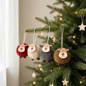 DECALE 4PCS/Set Wool Felt Christmas Tree Ornaments Felt Deer Wooden Elk Wooden Deer Ornaments Creative Sheep Elk Hanging Pendant Christmas