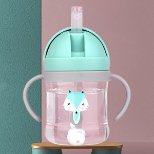 250ml Cartoon Designed Sippy Cup Water Drinking Bottle with Gravity Ball Straw & Non-Slip Handle