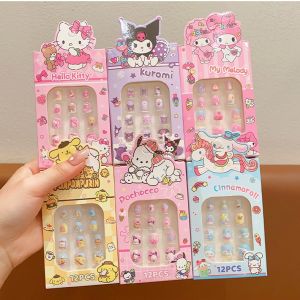 ZEEMIN 12pcs/box Sanrio Childrens Fake Nail tips Cartoon Hello Kitty Kuromi Cute Anime press on nails Detachable Girl Fake False Nails
