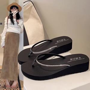[Free Shipping] 2025 New Womens Summer Fashion Beach Sandals Thick-Soled Wedge Flip-Flops with Rhinestones for Outdoor Wear