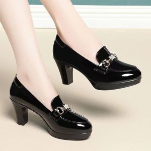 Black patent leather work shoes middle-aged rough with waterproof platform high heels round head catwalk shoes