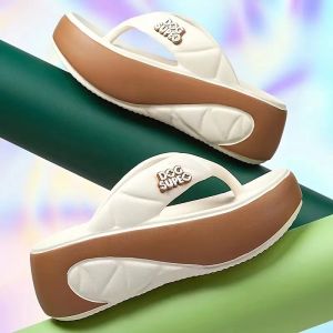 Free Shipping Fashionable Letter-Patterned Color-Block Flip-Flops For Women Suitable For Summer Wear With A Wedge Heel Thick Sole High Heel And Non-Slip Design Perfect For The Beach