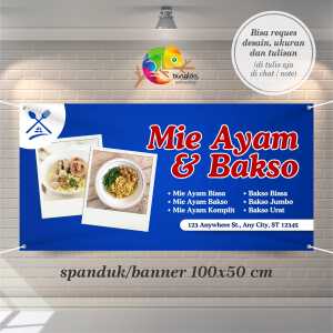 Cetak Spanduk Banner Biru & Putih MInimalis Mie Ayam & Bakso Promosi