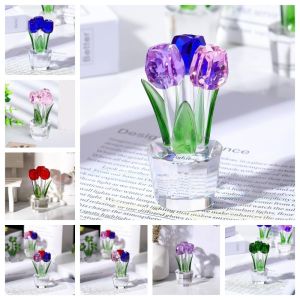 FUNG MALL Lãng mạn Điêu khắc hoa tulip pha lê Đầy màu sắc Thủ công Đồ trang trí Tượng hoa Sáng Tạo Tinh tế Tượng Bó hoa tulip Trang trí ngày lễ tình nhân