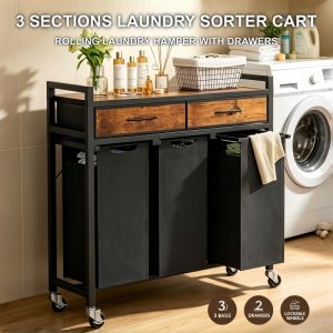 Rolling Laundry Sorter Cart with 3 Removable Laundry Bags & Storage Drawers Industrial Laundry Hamper Organizer
