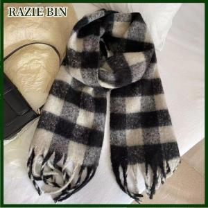 RAZIE BIN ผ้าพันคอลายตารางหมากรุกผ้านิ่มสำหรับผู้หญิงผ้าพันคอหนาแบบวินเทจใช้ได้สองอย่างให้ความอบอุ่นในฤดูหนาว