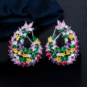 SEQUITO Luxurious Women Hollow Out Wedding Big Stud Earrings Paved Shiny White Multicolor AAA Cubic Zircon Silver Plating Top Grade Bridal Ear Jewelry for Engagement SE784