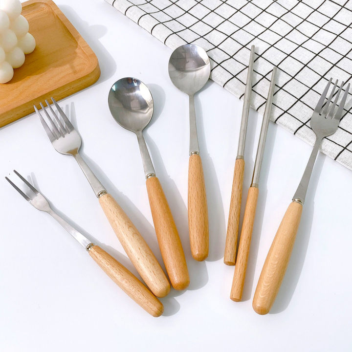 Locaupin Tableware Wooden Handle Stainless Steel Cutlery Spoon Two Prong Fork Knife Chopsticks Teaspoon Dinner Dish