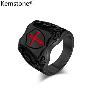 Kemstone Cross Eastern Expedition Legion Shield StainlessSteel Mens Ring Silver Plated Black Rings Jewelry