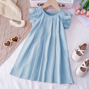 Bear Leader 3-7 Years Old Baby Girls Princess Dresses Round Neck Summer Solid Color Kids Dress Flying Sleeve Pleated Pink Girl Clothes