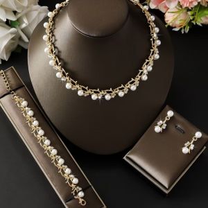 SWEET 4Pcs Vintage Necklace Earrings Bracelet Set Bohemian Style Alloy Women Jewelry Suit Light Luxury Delicate Pearl Jewelry Set Women
