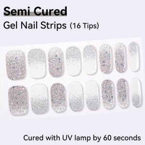 Semi-Cured Gel Nail Strips 16 Tips - UV Gel Nail Polish Wraps Floral Heart French Nail Art Decals Self Adhesive Manicure Stickers (UV Lamp Needed)
