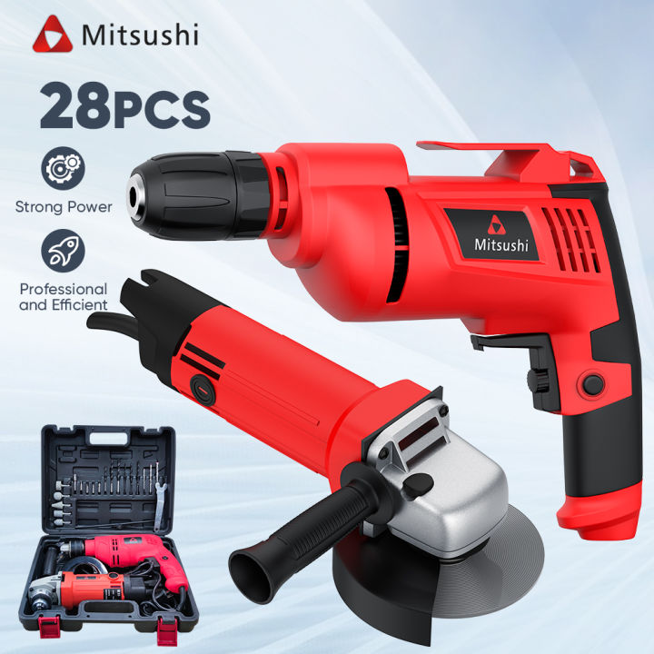 Mitsushi 28 Pcs. Angle Grinder And Electric Hand Drill Set 2 in 1 Professional Power Tools