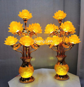 ĐÈN THỜ BÀN PHẬT GIA TIÊN.... ĐÈN HOA SEN LƯU LY CHẬU 7 BÔNG LƯU LY ĐỔI MÀU (1 CẶP)