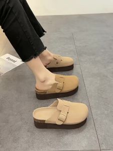 2024Womens Suede Mules Slippers Platform Flats Boston Clogs Sandals Fashion Outdoor Slip On Beach Sandalias