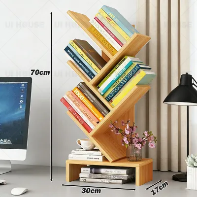 6 Tier Tree Book Shelf Small Desktop Bookshelf with Storage Organizer Wood Bookcase Desk Display Bookshelves Floor Standing Organizer Bookcases for Living RoomBedroomOffice
